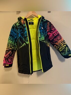 Hurley Black Jacket with Neon Yellow Lining and Multicolor Graphic Sleeves
